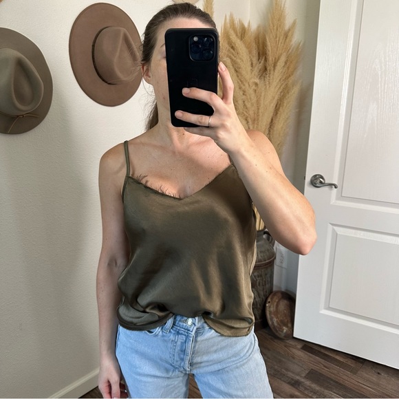 Satin Raw Edge Olive Green Tank Top Size Small - Picture 2 of 6